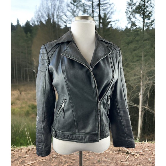 Michael Michael Kors Motorcycle Leather Jacket Distress Black Zip Moto Womens M - Picture 5 of 16